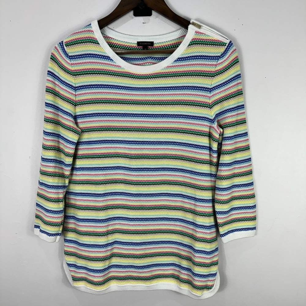 Talbots Sweater Womens Medium Multi Rainbow Stripe Zipper Shoulder 3/4 Sleeve